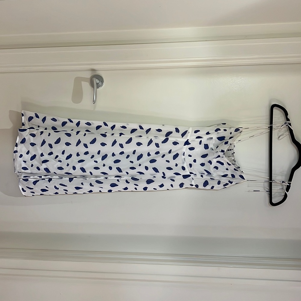 Reformation white and blue polka dot midi dress